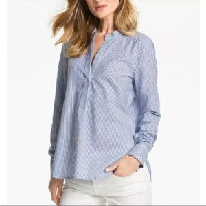 Vince Size 6 Blue & White Cotton Blend Striped Round Split Neck Long Sleeve Top